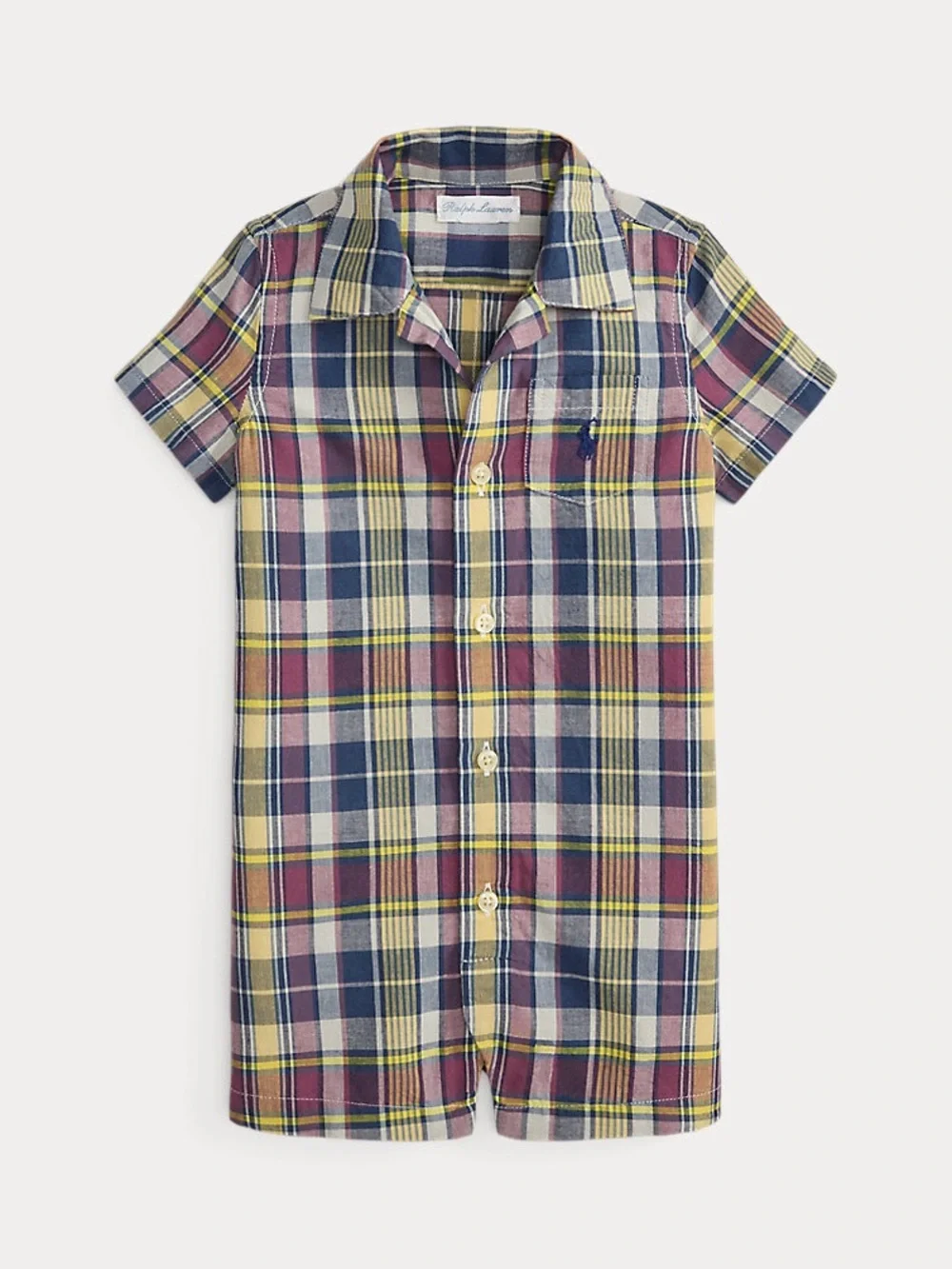 NWT Ralph Lauren | Boys Short-Sleeve Plaid Collared Romper Cotton 3M Navy Yellow